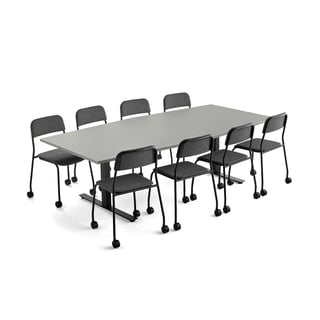Møbelgruppe MODULUS + ATTEND, 1 bord og 8 antrasitt stoler