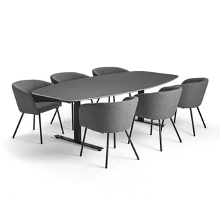 Möbelgrupp AUDREY + JOY, 1 bord, mörkgrå och 6 ljusgrå stolar