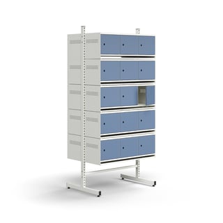 Shoe cabinet ENTRY, basic floor unit, 30 metal doors, 1800x900x600 mm, white/blue