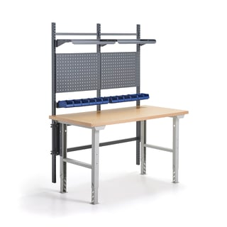 Komplet arbejdsbord ROBUST, inkl. værktøjstavler, kasser + hylder, 1500x800 mm