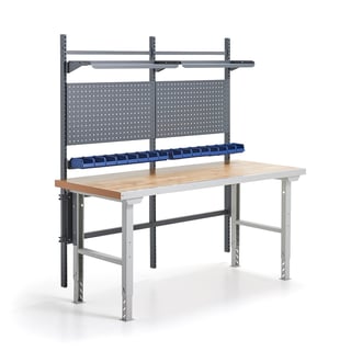 Stół warsztatowy z wyposażeniem SOLID, panele narzędziowe z pojemnikami + półki, 2000x800 mm, dąb