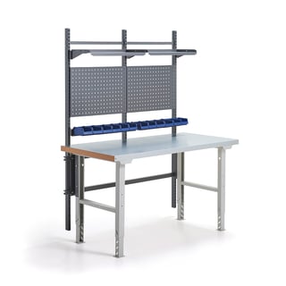 Dílenský stůl SOLID, s panelem na nářadí, boxy a policemi, 1500x800 mm, ocel