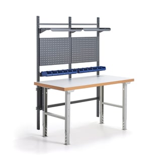 Komplett arbeidsbord SOLID, verktøytavler, plastbakker, hyller, L1500 B800 mm, laminat