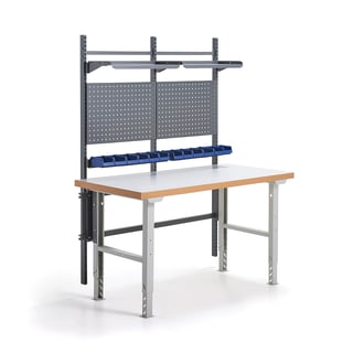 Stół warsztatowy z wyposażeniem SOLID, panele narzędziowe z pojemnikami + półki, 1500x800 mm, lamina