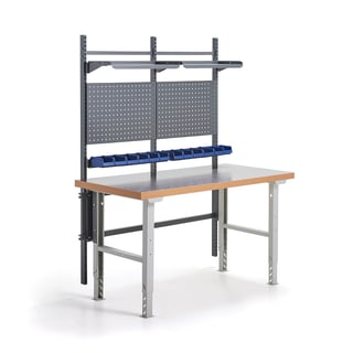 Dílenský stůl SOLID, s panelem na nářadí, boxy a policemi, 1500x800 mm, vinyl
