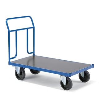 Platforminis vežimėlis TRANSFER, 1 metalinis bortas, 1200x800mm, 1000 kg, elastingos gumos ratai su