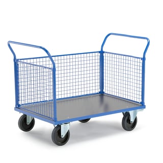 Platform trolley TRANSFER, 3 mesh sides, 1200x800 mm, elastic rubber, with brakes