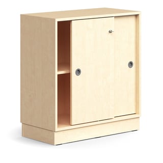 Lockable sliding door cabinet QBUS, 1 shelf, base frame, handles, 868x800x400 mm, birch