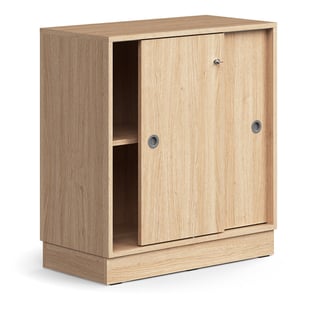 Lockable sliding door cabinet QBUS, 1 shelf, base frame, handles, 868x800x400 mm, oak