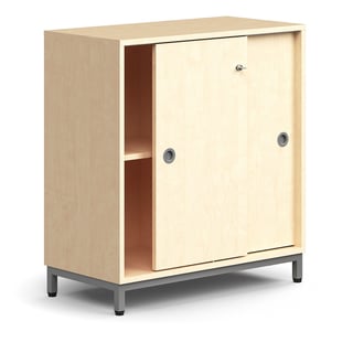 Lockable sliding door cabinet QBUS, 1 shelf, leg frame, handles, 868x800x400 mm, silver, birch