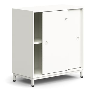 Lockable sliding door cabinet QBUS, 1 shelf, leg frame, handles, 868x800x400 mm, white