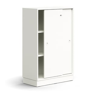 Lockable sliding door cabinet QBUS, 2 shelves, base frame, handles, 1252x800x400 mm, white