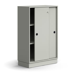 Lockable sliding door cabinet QBUS, 2 shelves, base frame, handles, 1252x800x400 mm, light grey