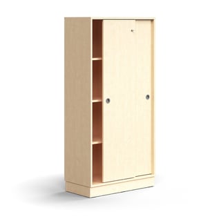 Lockable sliding door cabinet QBUS, 3 shelves, base frame, handles, 1636x800x400 mm, birch