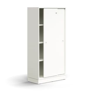 Lockable sliding door cabinet QBUS, 3 shelves, base frame, handles, 1636x800x400 mm, white