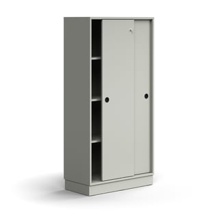 Lockable sliding door cabinet QBUS, 3 shelves, base frame, handles, 1636x800x400 mm, light grey