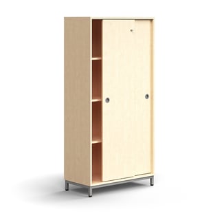Lockable sliding door cabinet QBUS, 3 shelves, leg frame, handles, 1636x800x400 mm, silver, birch