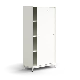 Lockable sliding door cabinet QBUS, 3 shelves, leg frame, handles, 1636x800x400 mm, white