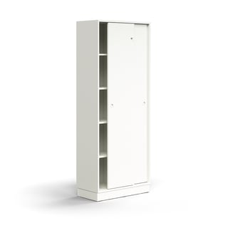 Lockable sliding door cabinet QBUS, 4 shelves, base frame, handles, 2020x800x400 mm, white