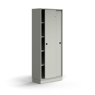 Lockable sliding door cabinet QBUS, 4 shelves, base frame, handles, 2020x800x400 mm, light grey