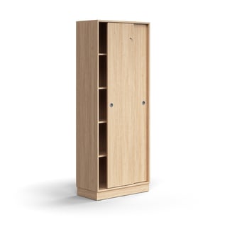 Lockable sliding door cabinet QBUS, 4 shelves, base frame, handles, 2020x800x400 mm, oak