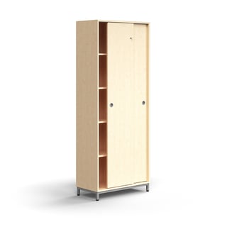 Lockable sliding door cabinet QBUS, 4 shelves, leg frame, handles, 2020x800x400 mm, silver, birch