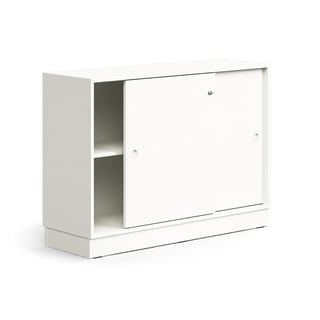 Lockable sliding door cabinet QBUS, 1 shelf, base frame, handles, 868x1200x400 mm, white