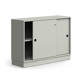 Lockable sliding door cabinet QBUS, 1 shelf, base frame, handles, 868x1200x400 mm, light grey