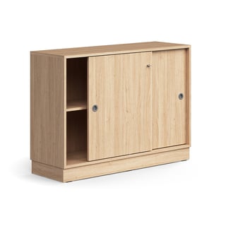 Lockable sliding door cabinet QBUS, 1 shelf, base frame, handles, 868x1200x400 mm, oak