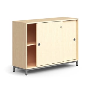 Lockable sliding door cabinet QBUS, 1 shelf, leg frame, handles, 868x1200x400 mm, silver, birch
