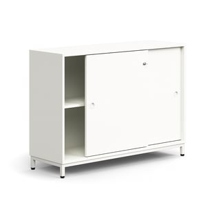 Lockable sliding door cabinet QBUS, 1 shelf, leg frame, handles, 868x1200x400 mm, white