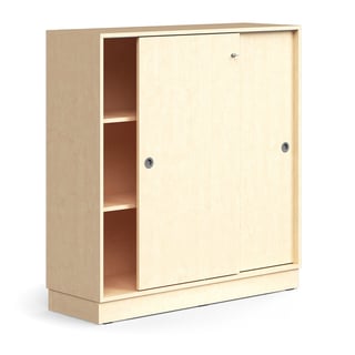 Lockable sliding door cabinet QBUS, 2 shelves, base frame, handles, 1252x1200x400 mm, birch