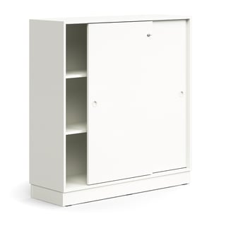 Lockable sliding door cabinet QBUS, 2 shelves, base frame, handles, 1252x1200x400 mm, white