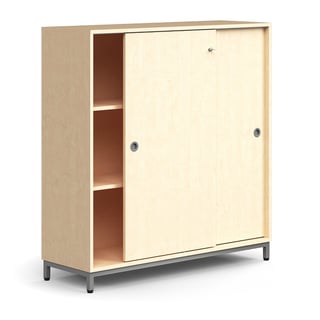 Lockable sliding door cabinet QBUS, 2 shelves, leg frame, handles, 1252x1200x400 mm, silver, birch