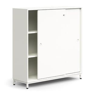 Lockable sliding door cabinet QBUS, 2 shelves, leg frame, handles, 1252x1200x400 mm, white