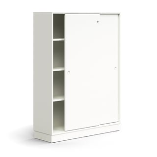 Lockable sliding door cabinet QBUS, 3 shelves, base frame, handles, 1636x1200x400 mm, white