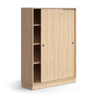 Lockable sliding door cabinet QBUS, 3 shelves, base frame, handles, 1636x1200x400 mm, oak