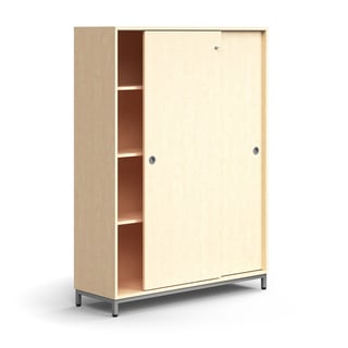 Lockable sliding door cabinet QBUS, 3 shelves, leg frame, handles, 1636x1200x400 mm, silver, birch
