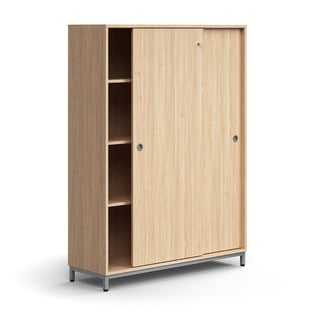 Lockable sliding door cabinet QBUS, 3 shelves, leg frame, handles, 1636x1200x400 mm, silver, oak