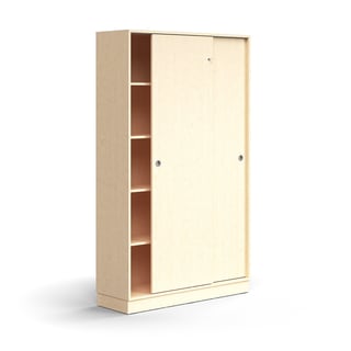 Lockable sliding door cabinet QBUS, 4 shelves, base frame, handles, 2020x1200x400 mm, birch