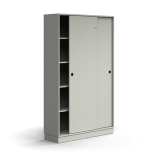 Lockable sliding door cabinet QBUS, 4 shelves, base frame, handles, 2020x1200x400 mm, light grey