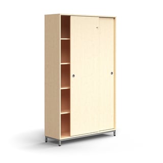 Lockable sliding door cabinet QBUS, 4 shelves, leg frame, handles, 2020x1200x400 mm, silver, birch