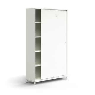 Lockable sliding door cabinet QBUS, 4 shelves, leg frame, handles, 2020x1200x400 mm, white