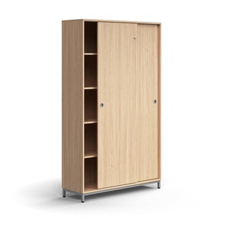Lockable sliding door cabinet QBUS, 4 shelves, leg frame, handles, 2020x1200x400 mm, silver, oak