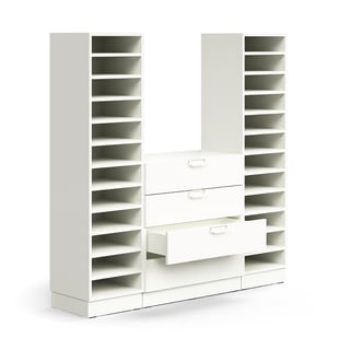 Pigeon hole unit QBUS, 22 shelves + 4 drawers, base frame, 1636x1600x420 mm, white