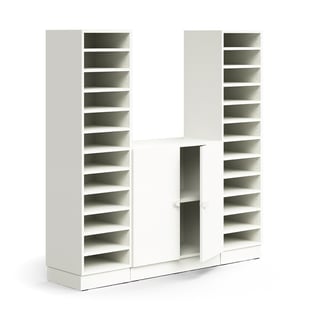 Pigeon hole unit QBUS, 22 shelves + cupboard, base frame, 1636x1600x420 mm, white