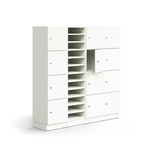 Post and personal storage unit QBUS, 11 shelves + 12 lockable comps, base frame, 1636x1600x420 mm, w