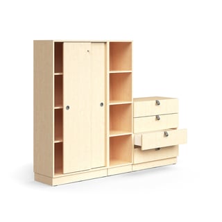 Storage unit QBUS, lockable cabinet + 4 open comps + 4 dwrs, base frame, handles, 1636x2000x420 mm,