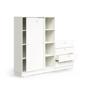 Storage unit QBUS, lockable cabinet + 4 open comps + 4 dwrs, base frame, handles, 1636x2000x420 mm,
