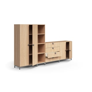 Storage unit QBUS, cabinet + 4 open comps + 4 dwrs + cupboard, leg frame, handles, 1636x2800x420 mm,